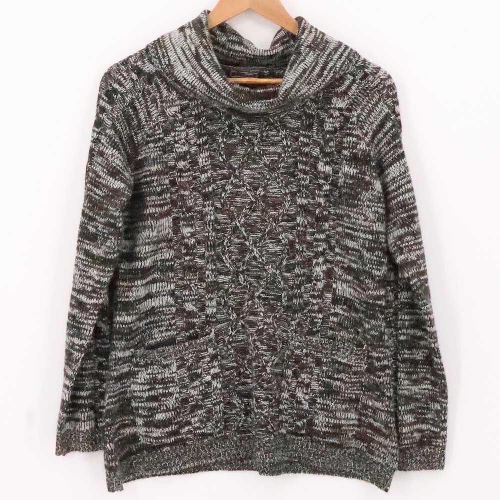 Cable Knit Sweater Brown Marl Cowl Neck Pockets Tunic Length Vintage‎ Y2K Size L